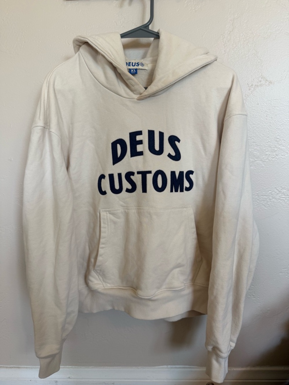 Deus Customs Women's Cream Hoodie with Navy Logo